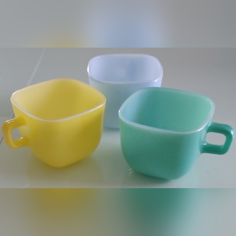 3 Vintage Glasbake Colourful Mugs